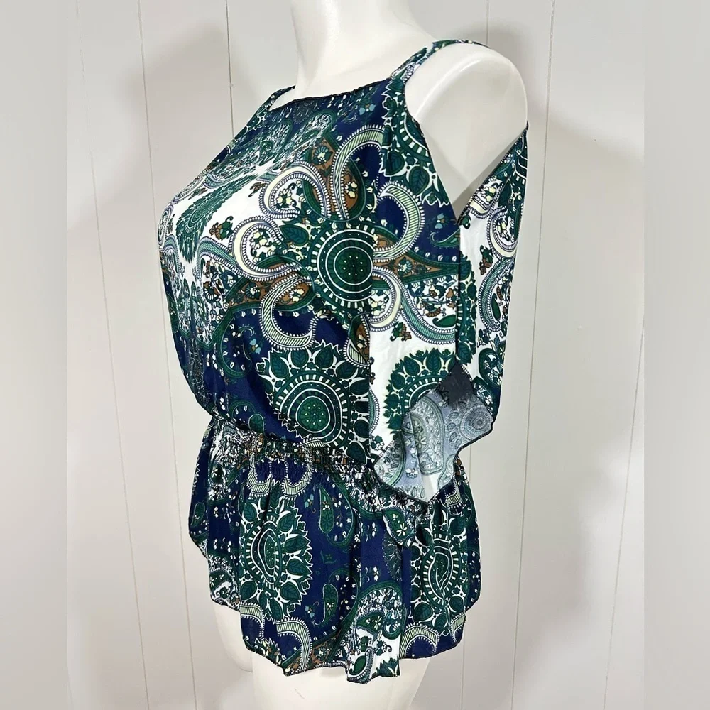 NEW Jon & Anna Top Sz L Blue Cold Shoulder Short Sleeve Casual Elastic Waist